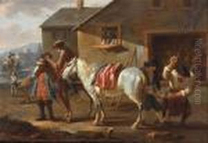 A Horse Being Given A New Shoe Outside A Blacksmith's
