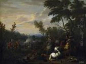 Two Paintings. A) Cavalry Battle
 In A River Landscape. Denoted With Stock Number Below Right: 421