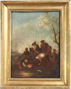 A Battlefield With An Officer On Horseback And Several Soldiers by August Querfurt