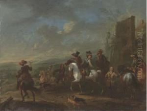 A Hawking Party By A Village by August Querfurt