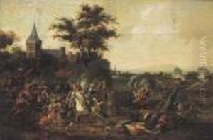 A Cavalry Engagement Outside A Walled City