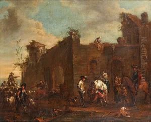 A Farrier And Horsemen At A Country Inn by August Querfurt