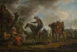 Zwei Reiter Und Eine Rastende
 Bauerin Mit Ihrem Kind by August Querfurt