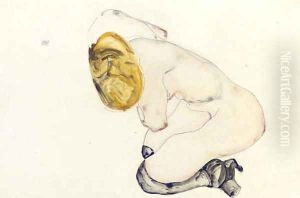 Angstlich Kauerndes Junges Madchen by Egon Schiele