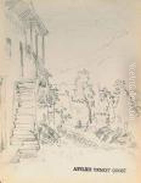 Elements D'architecture Et Paysage Lot De Dessins Et Lavis Sur Papier - view 1