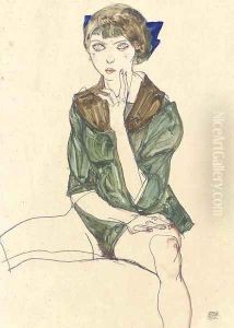 Sitzender weiblicher Halbakt in grutner Bluse by Egon Schiele