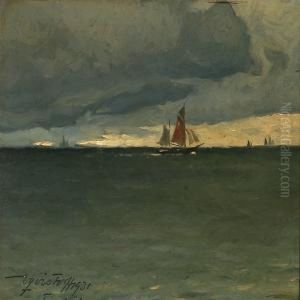 Marine With Sailing Ships A Lateevening At Taarbaek, Denmark