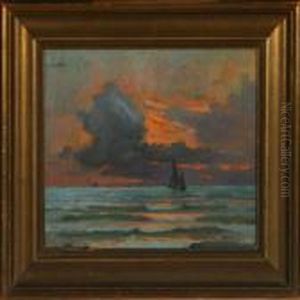 Sunset With Sailing Ships At Sea by Victor H.W. Qvistorff