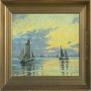 Sailing Ships At The Sea In The Sunset Glow by Victor H.W. Qvistorff
