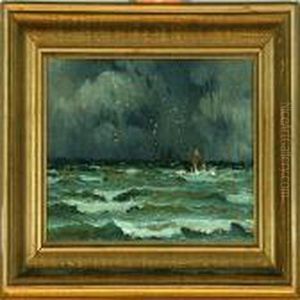 Marine With Sailing Ships On Open Sea At Night. Signed And Dated V. Qvistorff 1929 by Victor H.W. Qvistorff