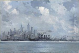 German Warships In New York
Harbor Honoring The Visit Of Kaiser Wilhelm's Son, With A View Of The
New York Skyline by Victor H.W. Qvistorff