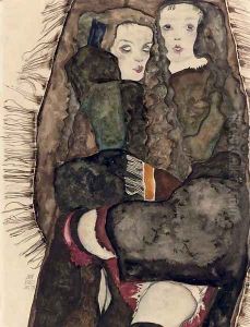 Zwei Madchen auf einer Fransendecke by Egon Schiele