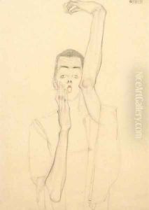 Selbstbildnis mit erhobenem linken Arm und rotem Mund by Egon Schiele
