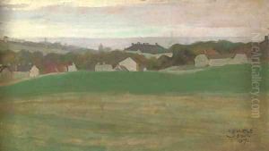 Wiese mit Dorf im Hintergrund II by Egon Schiele
