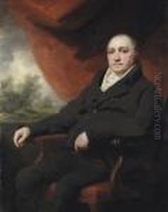 Portrait Of A Gentleman,
Traditionally Identified As Dr. Black, Ordr. Blake,
Three-quarter-length, In A Black Coat, A Draped Redcurtain And Landscape
Beyond by Sir Henry Raeburn