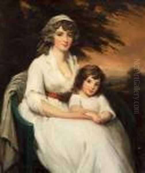A Portrait Of A Lady, Seated, In A White Dress With Her Child In A Wooded Landscape - view 1