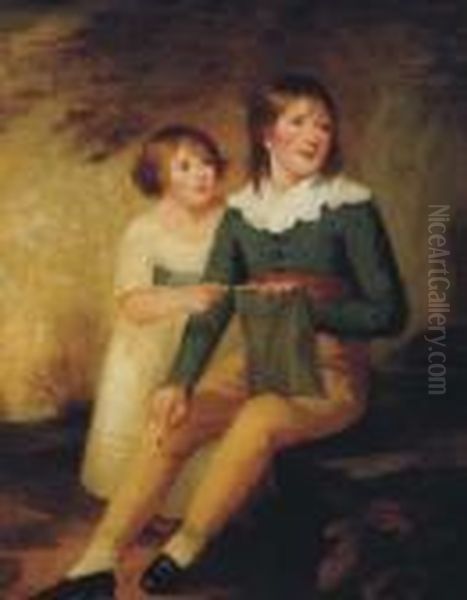 Portrait Of A Boy And A Girl, Full-length, The Boy With A Sketch Pad And Pen - view 1