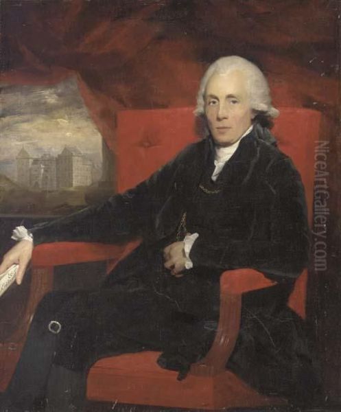 Portrait Of A Gentleman, Seated 
Three-quarter-length, In A Black Coat And Breeches, Holding A Scroll, 
The Bridewell Beyond - view 1