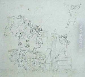 Studies of a carter pumping water for his horses by Paul Sandby