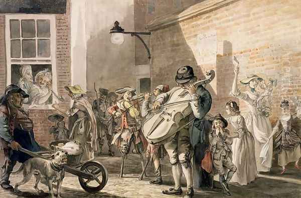 Itinerant Musicians playing in a poor part of town - view 1
