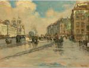 Le Quai Des Grands-augustins With Notre Dame Beyond by Jean-Francois Raffaelli
