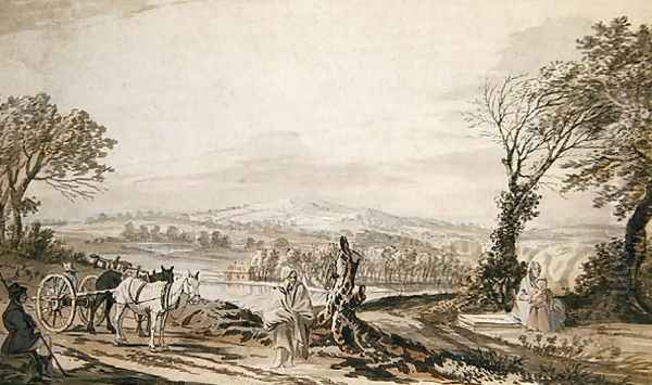 Travellers resting by a road above a river valley - view 1