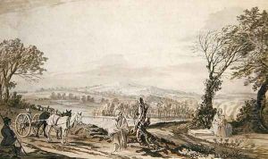 Travellers resting by a road above a river valley by Paul Sandby