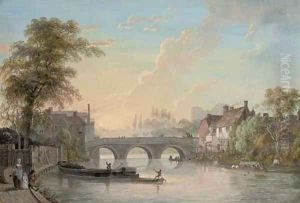 View of Tonbridge, with the bridge and houses, coal and pleasure boats in the foreground and the castle keep beyond by Paul Sandby