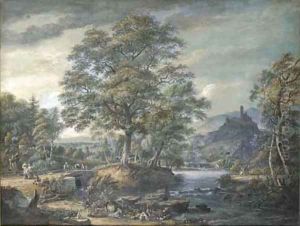 An extensive river landscape with travellers and donkeys crossing a bridge with a fortified castle beyond