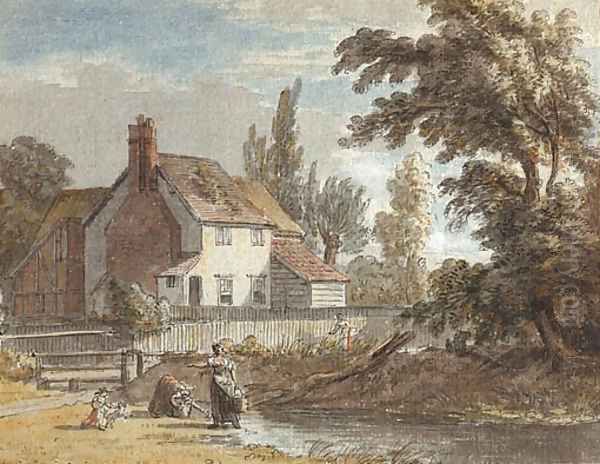 A cottage by a river with figures in the foreground - view 1