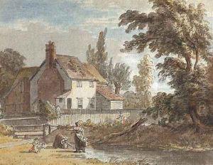 A cottage by a river with figures in the foreground by Paul Sandby