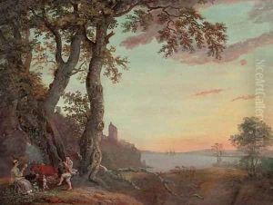 An extensive wooded river landscape with an amorous couple making music under a tree