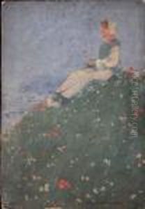 A Dutch Woman Seated Among Wild Flowers Overlooking The Sea