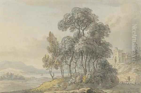 A shepherd driving his flock before a Scottish castle - view 1