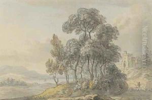 A shepherd driving his flock before a Scottish castle by Paul Sandby