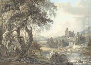 A wooded river landscape with figures and cattle, a castle beyond A wooded river landscape with figures and cattle, a castle beyond