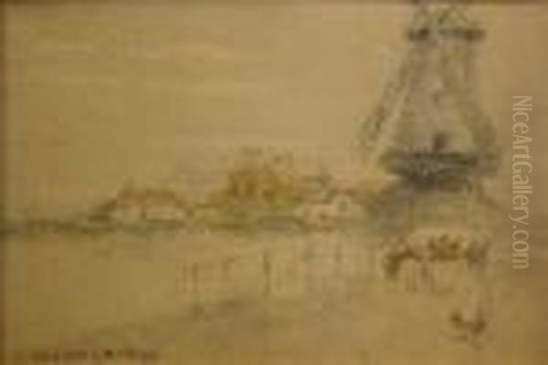 A Canal Scene With A Cow And A
Young Girl In The Foreground, A Windmill And Buildings In The
Background. - view 1
