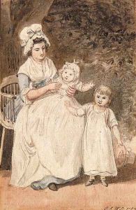 Two of the artist's children with their nurse, seated in a garden by Paul Sandby