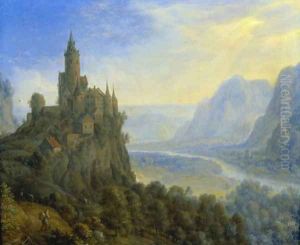 Mountainous landscape with a castle by Cornelis Saftleven