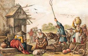 A country market by a house with a dovecote by Cornelis Saftleven