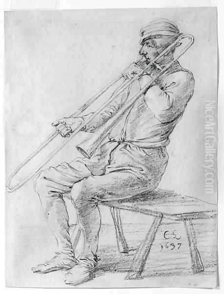 A seated man playing a sackbut - view 1
