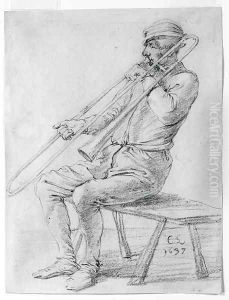 A seated man playing a sackbut by Cornelis Saftleven