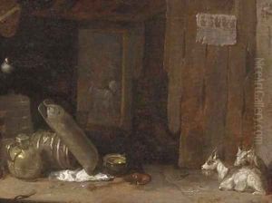 A barn interior with goats and a lady milking a goat beyond by Cornelis Saftleven