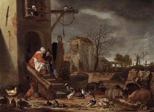 A couple embracing by a farmhouse, the Prodigal Son among swine beyond by Cornelis Saftleven