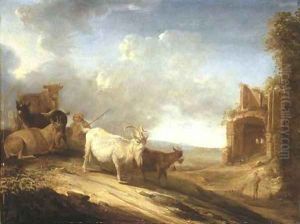 An open landscape with a herdsman, goats and a cow on a track, a ruin beyond by Cornelis Saftleven