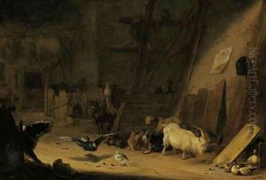 A barn interior with cattle, pigeons and a dog barking at a peasant by Cornelis Saftleven