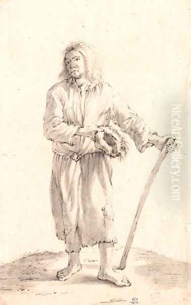A standing peasant holding a hat and a stick - view 1