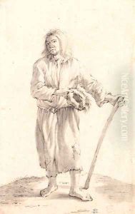 A standing peasant holding a hat and a stick by Cornelis Saftleven