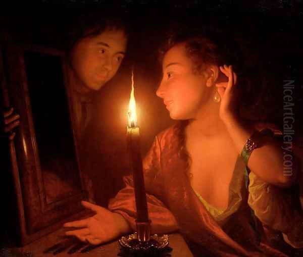 A Lady Admiring An Earring by Candlelight - view 1