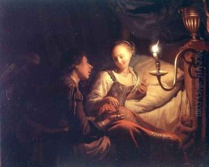 A Candlelight Scene A Man Offering a Gold Chain and Coins to a Girl Seated on a Bed, c.1665-70 by Godfried Schalcken